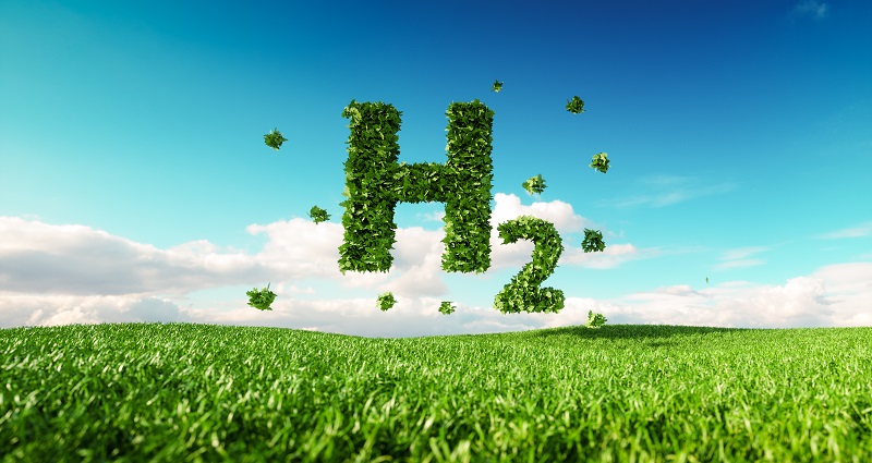 Eco friendly clean hydrogen energy concept. 3d rendering of hydrogen icon on fresh spring meadow with blue sky in background.