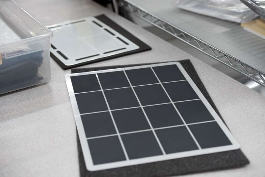 Close-up of planar advanced ceramic substrates featuring a grid of precisely coated dark electrodes, staged on a workbench during the component manufacturing process.