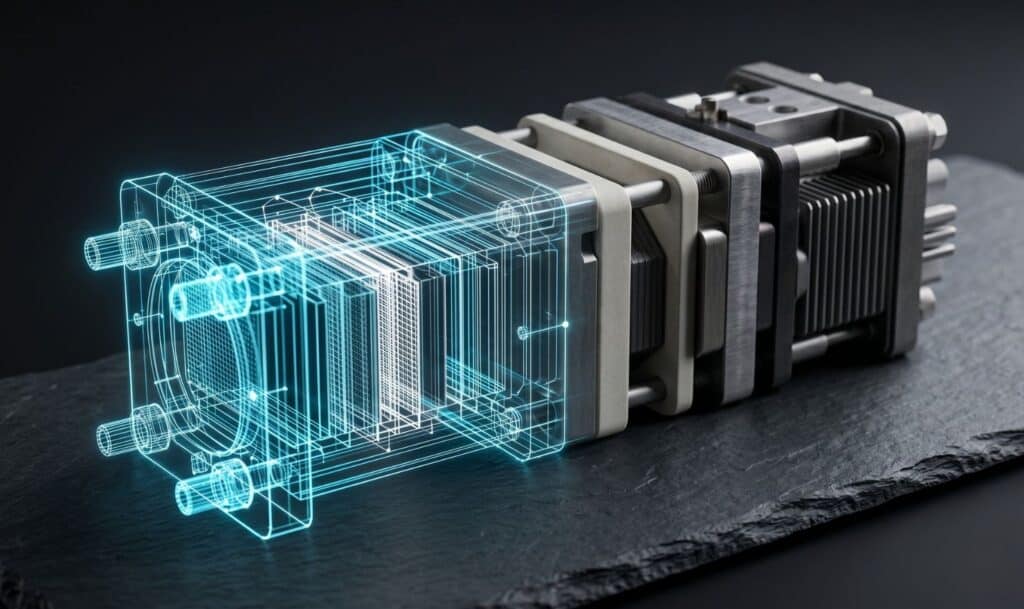 A conceptual rendering of an electrochemical cell stack resting on a dark slate surface, with half of the assembly shown as physical metal and the other half as a glowing blue digital wireframe, illustrating advanced engineering and digital modeling.