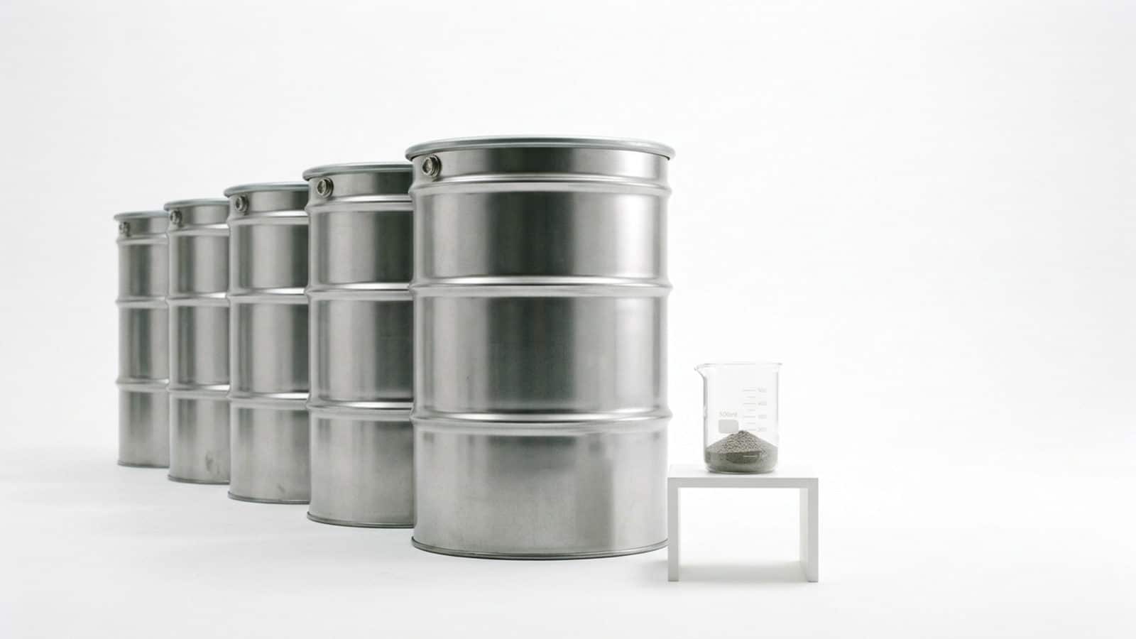 A visual scale comparison showing a small lab beaker of catalyst powder next to a row of large 500 kg stainless steel industrial drums.