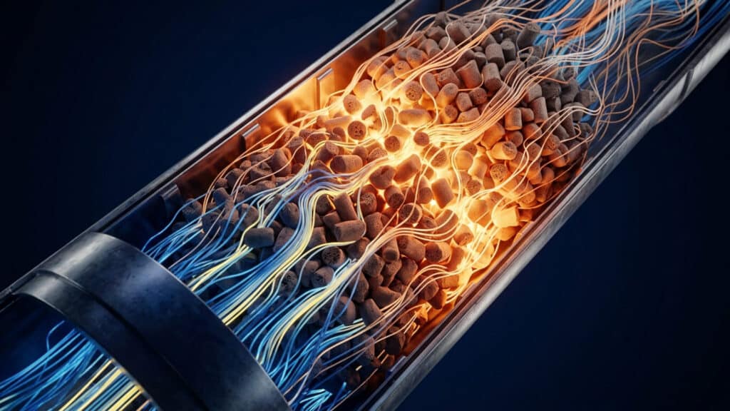3D visualization of multiphase fluid flow passing through a packed bed reactor with porous catalyst pellets, illustrating concepts used in catalyst scale-up.