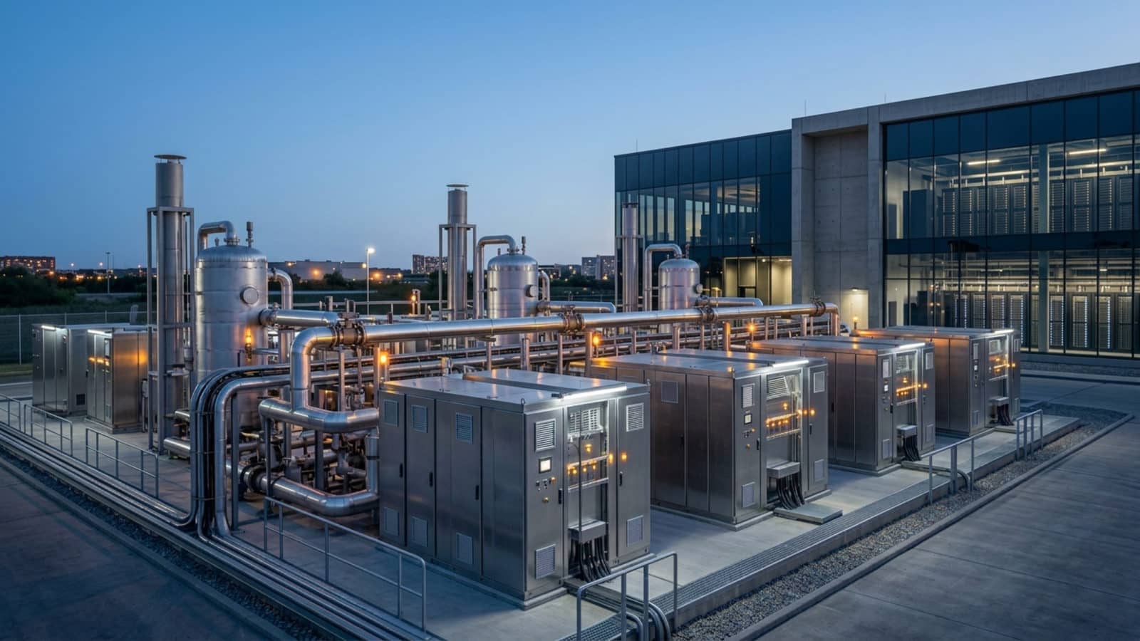 Exterior view of a modern solid oxide fuel cell (SOFC) power facility at dusk, featuring stainless steel piping and control enclosures next to a commercial building.